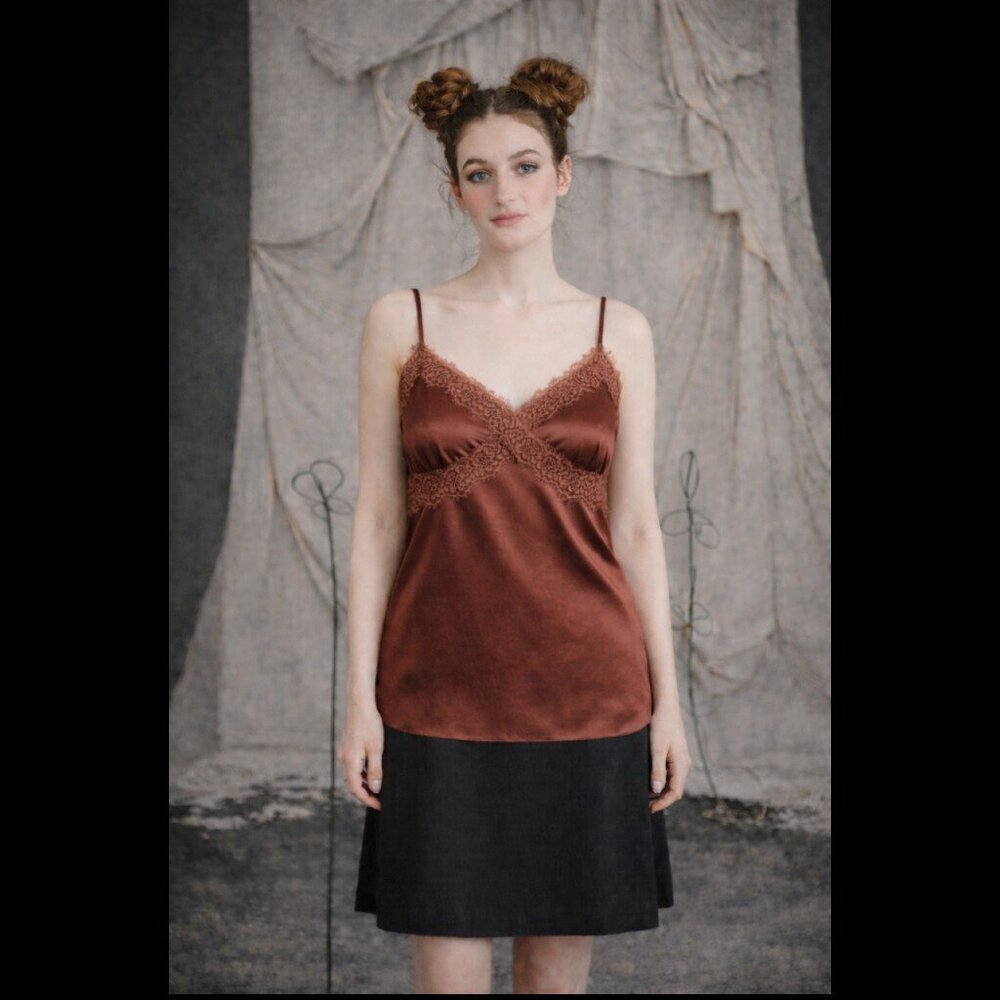 Vintage Y2K Express 93 Silk Lace Trim Bias Camisole Top Root Beer Brown SZ S